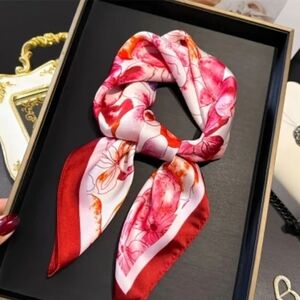 Elegant Floral Silk Scarf in Red and Pink